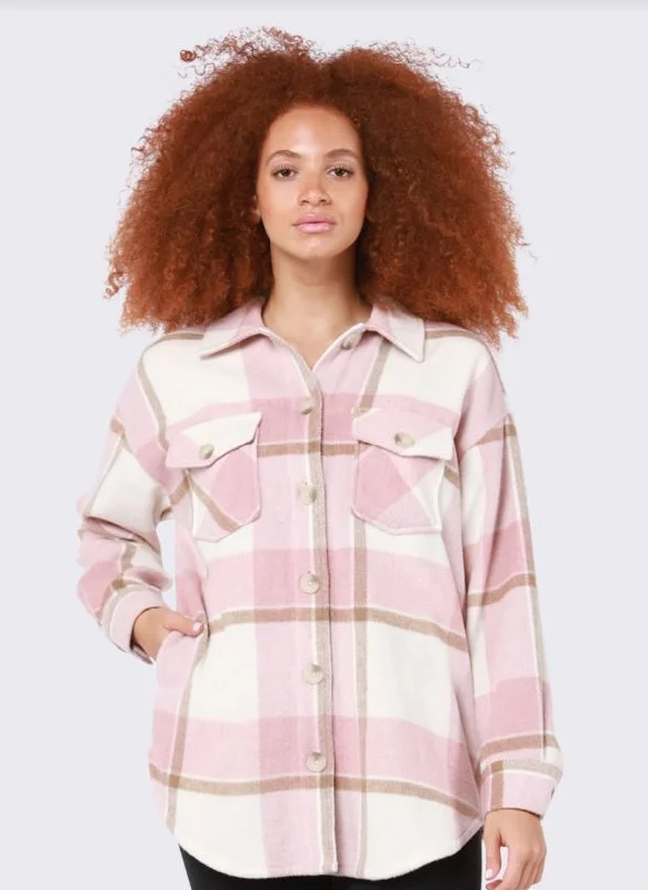 Dex Button Front Plaid Shacket Slim Fit Blouse