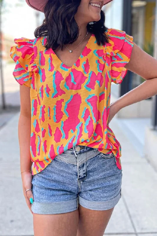 Abstract Print V Neck Ruffled Sleeve Blouse Stretchy Fitted Blouse