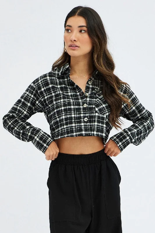 Black Check Crop Shacket Long Sleeve Collared Fleece Chic Off-Shoulder Blouse