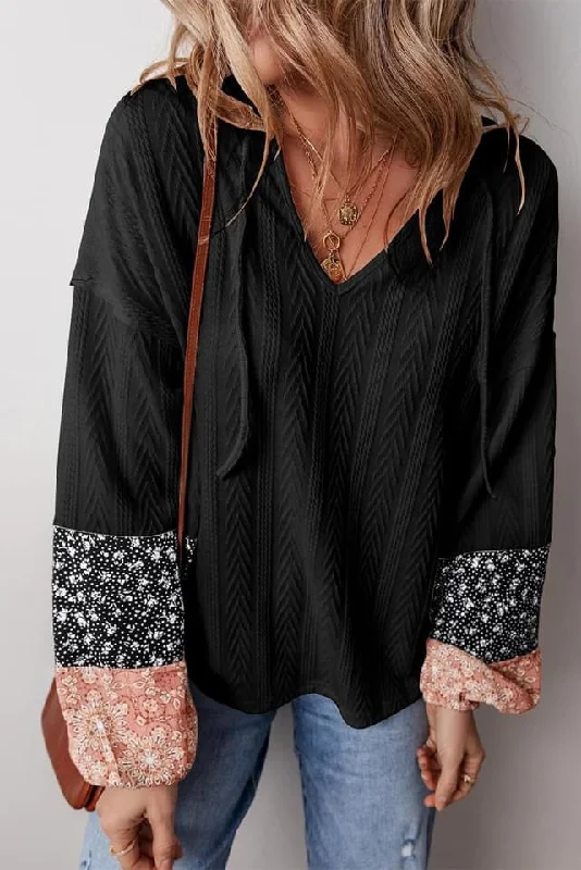 Black Floral Patchwork Textured Knit Drawstring V Neck Blouse Double Button Blouse