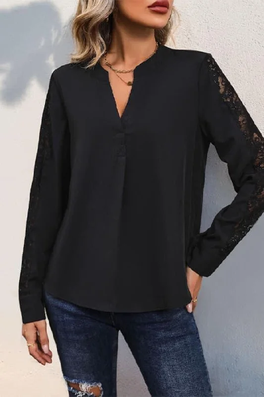 Black V Neck Lace Sleeves Blouse Sheer Sleeve Blouse