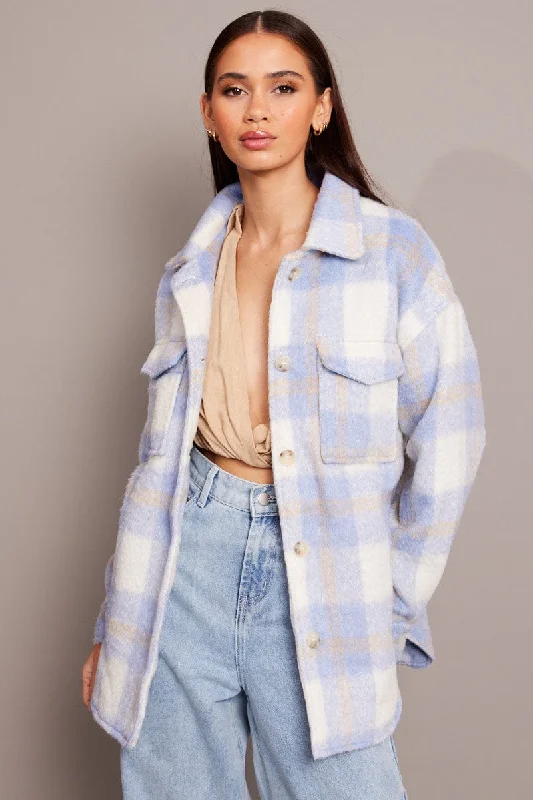 Blue Check Shacket Long Sleeve Relaxed Fit Blouse