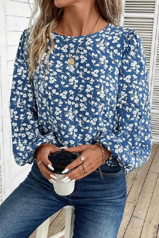 Blue Ditsy Floral Print Lantern Sleeve Blouse Polished Work Blouse