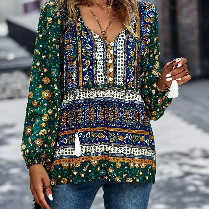 Bohemian Buttoned Tassel Puff Sleeve Blouse Silky Draped Blouse