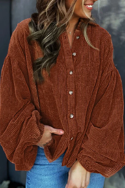 Coffee Textured Corduroy Puff Sleeve Shacket Office Formal Blouse