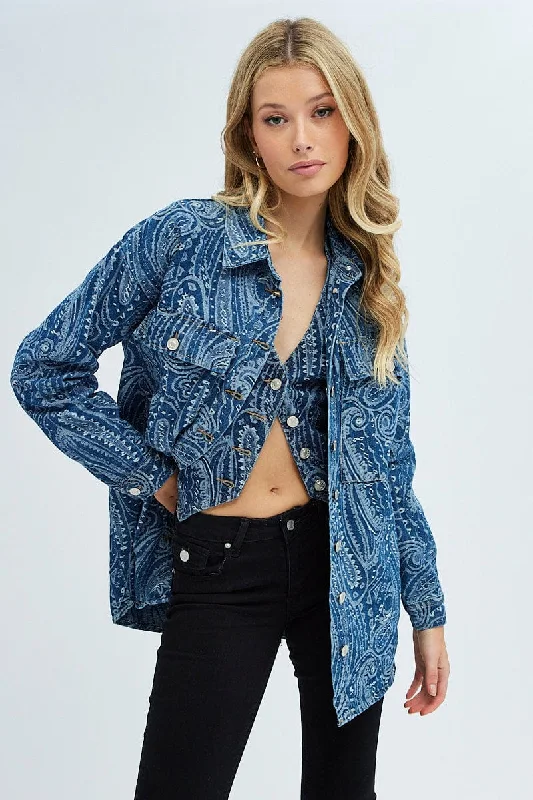 Denim Paisley Shacket Long Sleeve Collared Paisley Denim Semi-Sheer Blouse