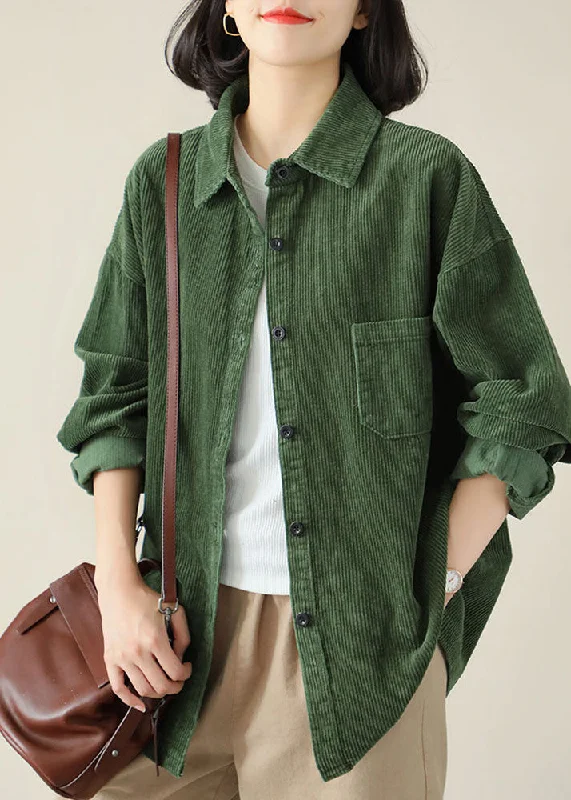 DIY Green Turn-down Collar Oversized Pocket Corduroy Blouse Top Spring Modern Oversized Blouse