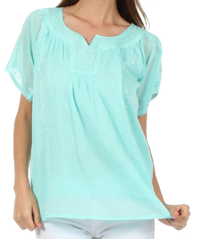 Sakkas Embroidered 100% Cotton Semi-Sheer Short Sleeve Gauzy Top / Blouse Chic Sleeveless Blouse