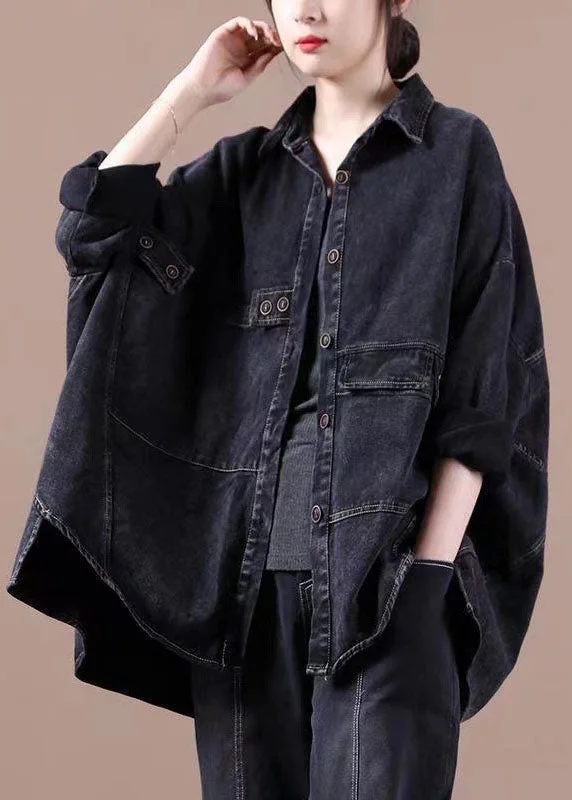 Fashion Black Loose Button Patchwork asymmetrical design Fall Denim Long sleeve Blouse Tops Oversized Silk Blouse