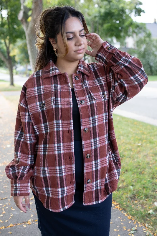 The Camryn Flannel Shacket in Apple Plaid Chic Wrap Blouse