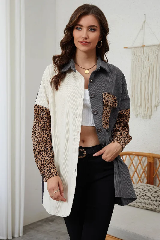 Gray Color Block Leopard Patched Corduroy Shacket Semi-Sheer Blouse