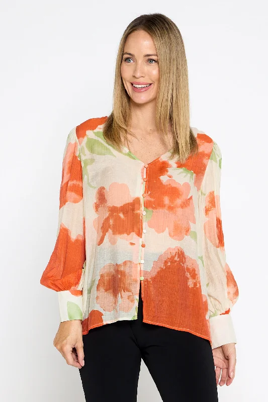 Isadora Blouse - Watercolour Orange Floral Ruffled Neck Blouse