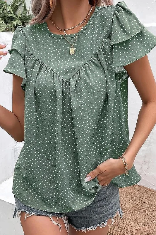 Laurel Green Dotted Ruffle Sleeve Crew Neck Ruched Blouse Smart Casual Blouse