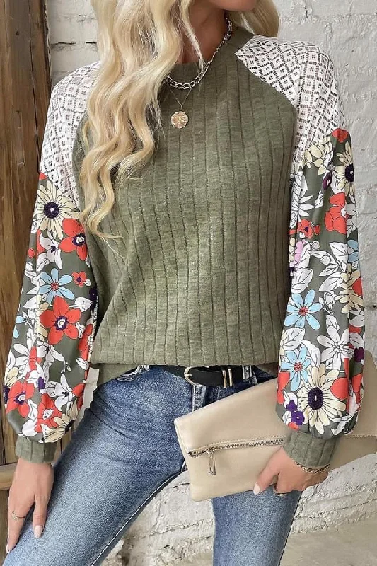 Floral Patchwork Long Sleeve Ribbed Blouse Chic Sleeveless Blouse