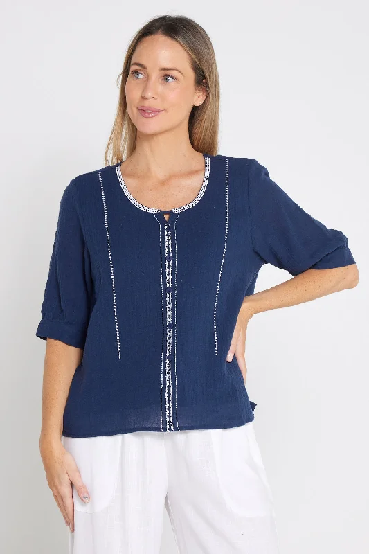 Meagan Linen Blouse - Navy Frilled Cuff Blouse