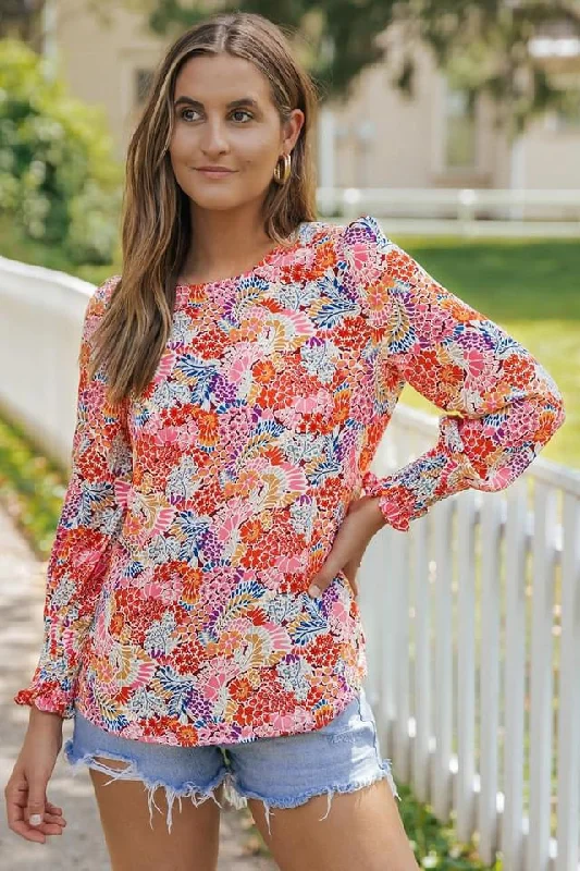 Multicolor Puff Sleeve Floral Blouse Lightweight Tunic Blouse