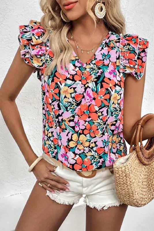 Multicolour Tiered Ruffled Sleeve Floral Blouse Elegant Semi-Sheer Blouse