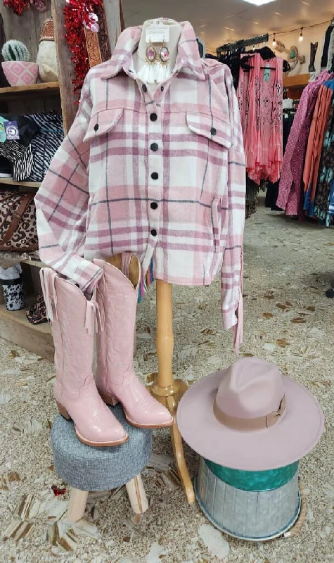 PINK FRINGED BACK PLAID SHACKET Modern Oversized Blouse