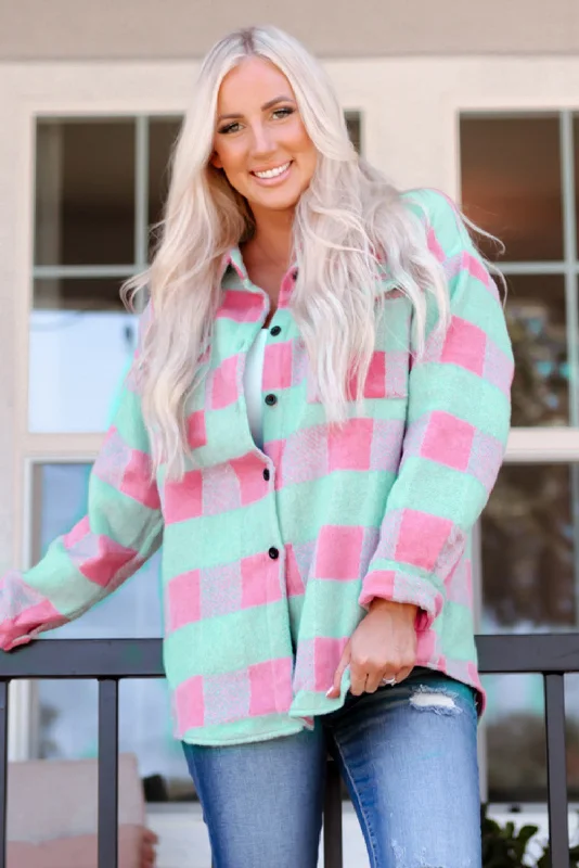 Pink Plaid PatternÂ¬â€ Oversized Shacket Delicate Bow Blouse