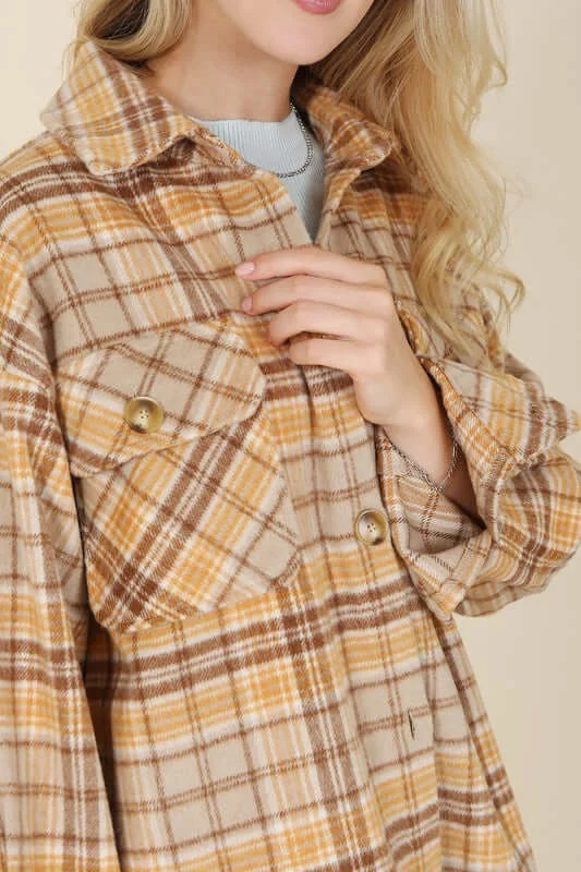 Brown Plaid Shacket with Pockets Lightweight Tunic Blouse