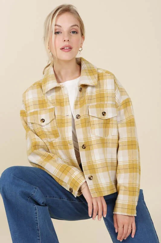 Plaid short Shacket with Pockets Delicate Pleat Blouse