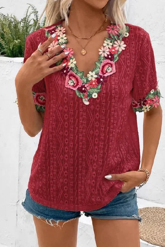 Plain Eyelet V Neck Embroidery Lace Blouse Casual Stripe Blouse