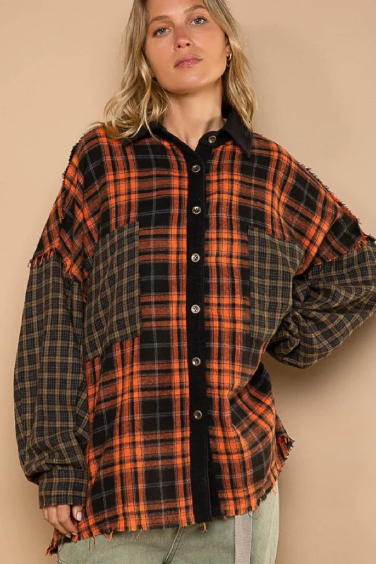 POL Plaid Contrast Long Sleeve Raw Hem Shacket with Chest Pockets Soft Modal Blouse