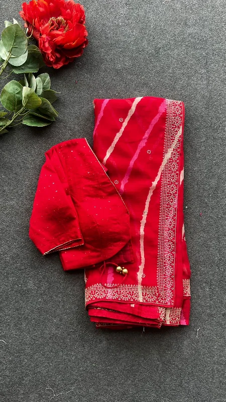 Red lehariya chiffon saree hand work blouse Double-Layered Blouse