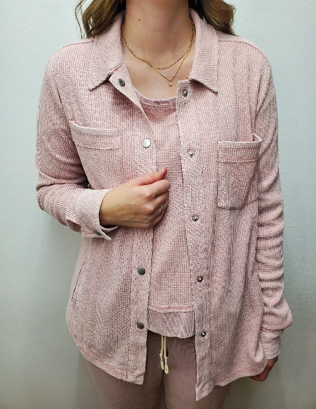 RILEY WAFFLE KNIT SHACKET - DUSTY MAUVE Office Formal Blouse