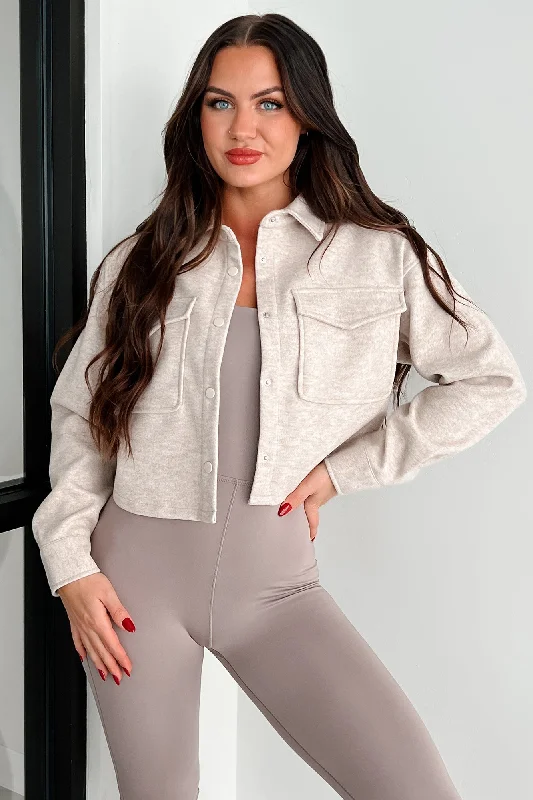 Rumi Brushed Fleece Crop Shacket (Oatmeal) Relaxed Fit Blouse