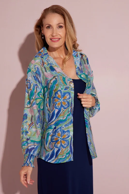 Serenity Blouse - Lavender Aqua Paisley Feminine Ruffle Blouse