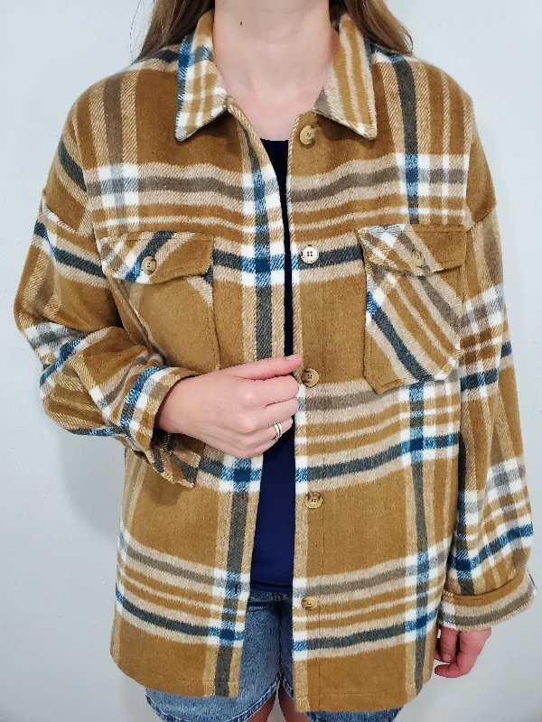 SKYLAR PLAID SHACKET - CAMEL/BLUE Oversized Silk Blouse