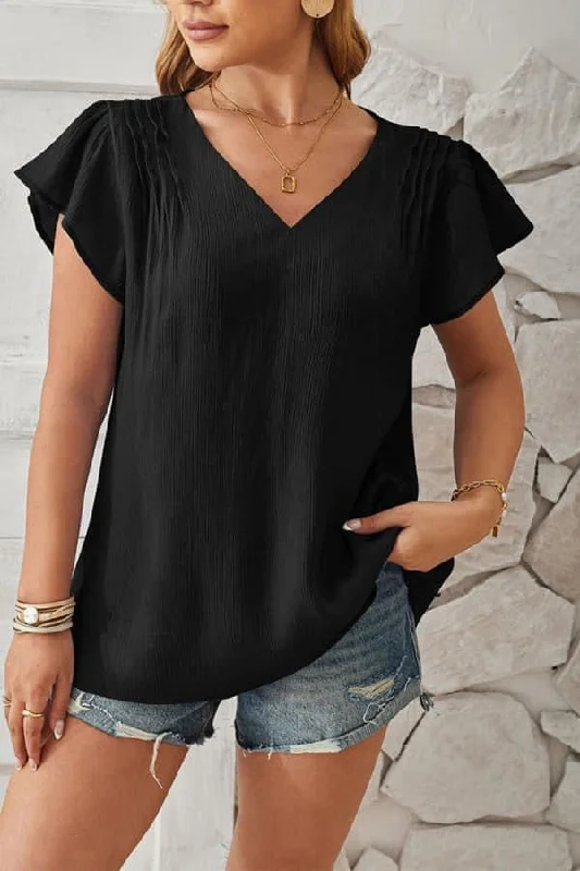 Texture V Neck Flare Sleeves Blouse Chic Wrap Blouse