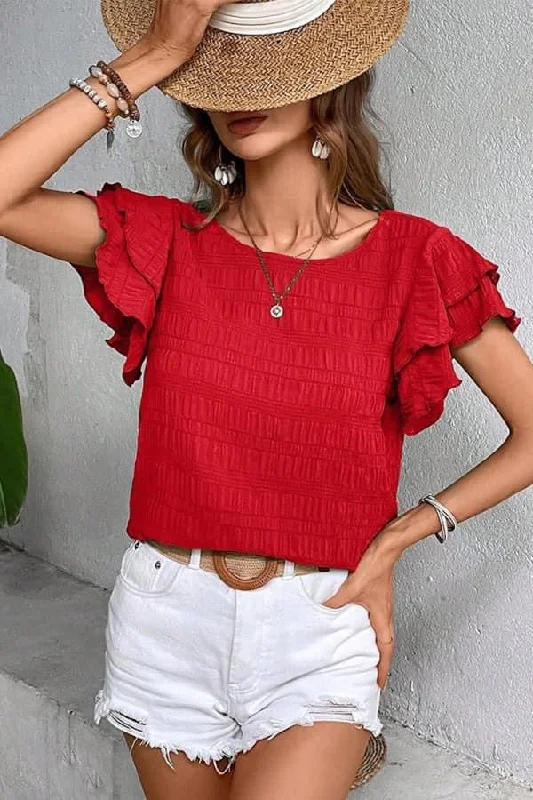 Textured Dual Ruffles Sleeves Blouse Mandarin Collar Blouse