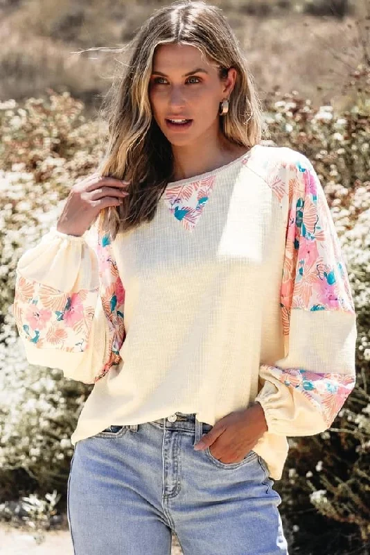 Textured Floral Patchwork Balloon Sleeve Blouse Textured Cotton Blouse