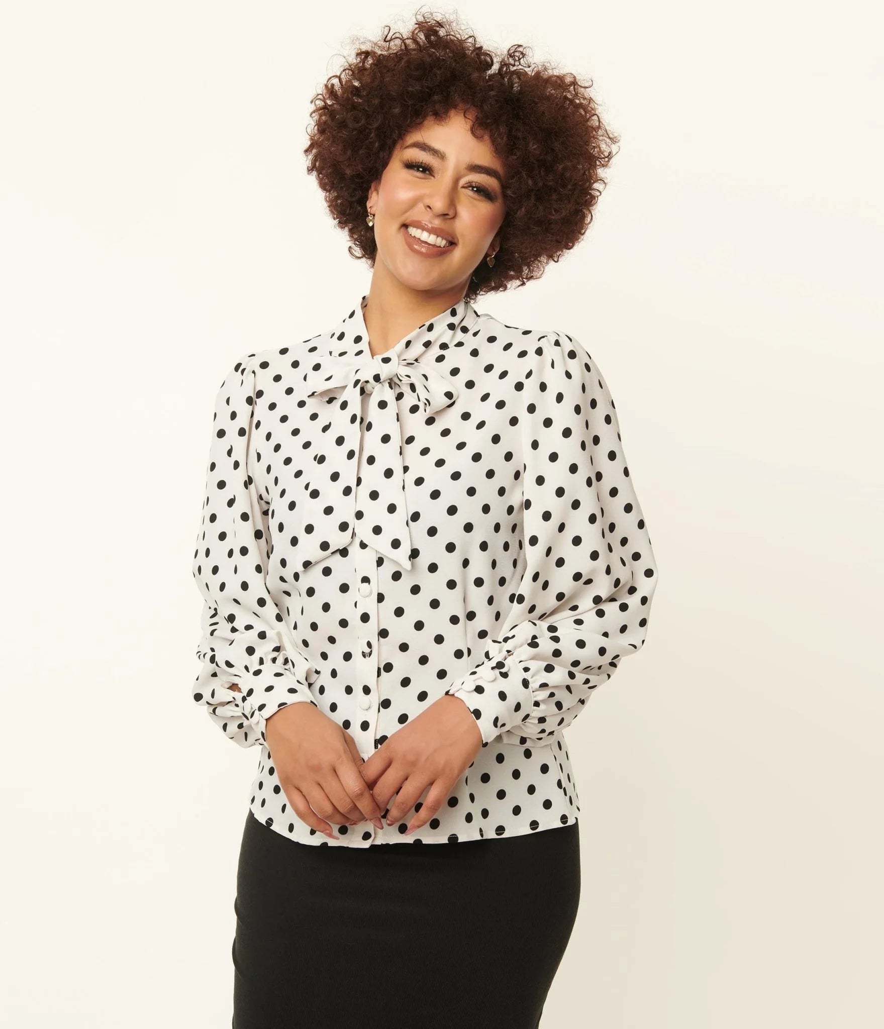 1940s White & Black Polka Dot Neck Tie Gwen Blouse by Unique Vintage Peter Pan Blouse