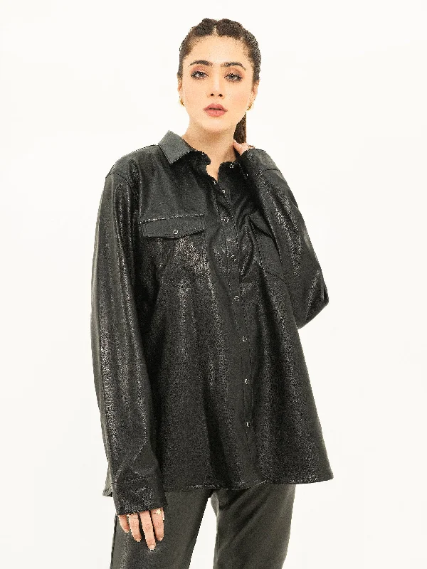 Buttoned Shacket Puff Sleeve Blouse