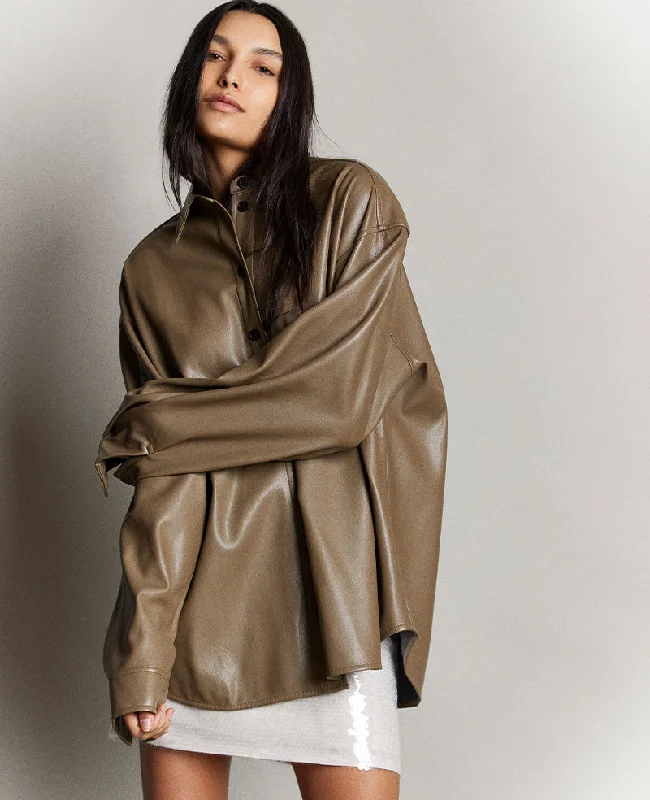 Vegan Leather Oversized Shacket Sheer Sleeve Blouse