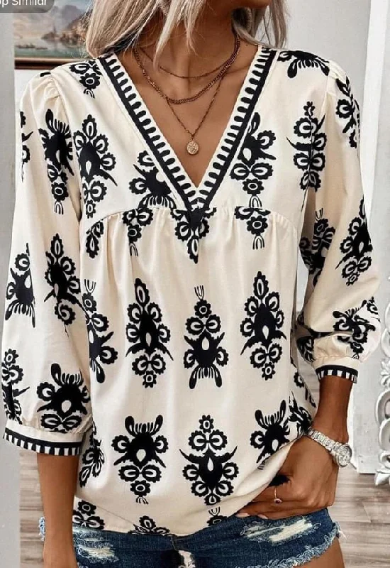 Vintage Geometric Printed 3/4 Sleeve V Neck Blouse Romantic Lace Blouse