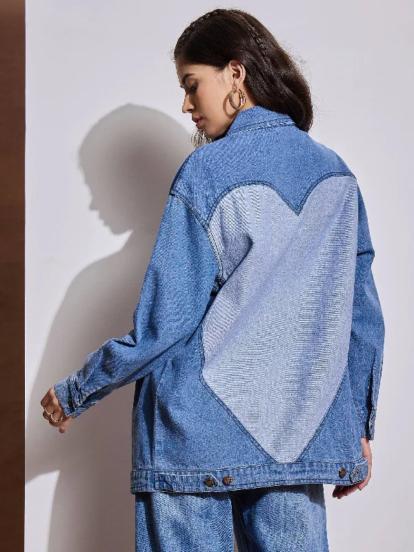 Women Blue Washed Denim Back Heart Patch Shacket Sheer Sleeve Blouse