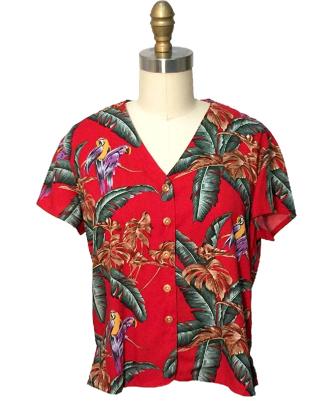 Jungle Bird Red V-Neck Blouse Satin Bow Blouse