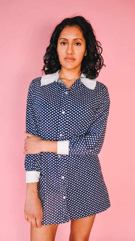 1970s Blue and While Polk-a-dot Mini Dress, sz. S Chic Puff Sleeve Mini Dress
