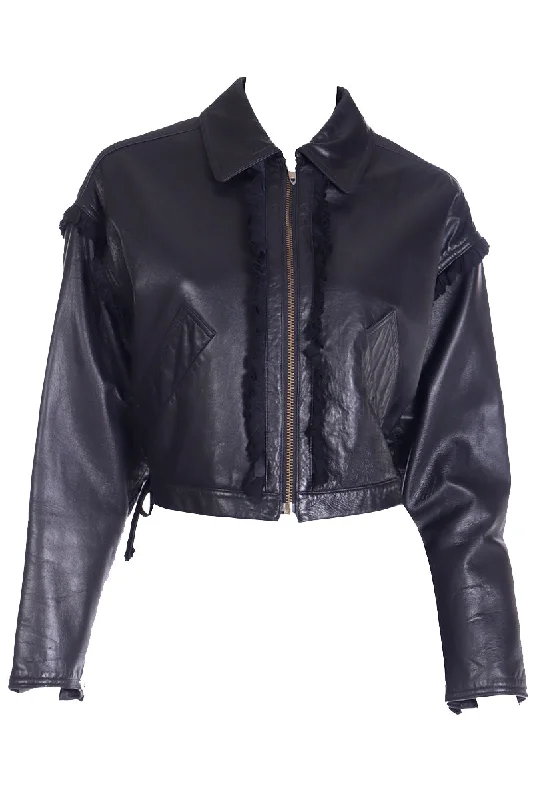 1991 Resort isaac Mizrahi Vintage Black Leather Jacket w Fur Trim Rayon Jacket Velvet Jacket Corduroy Jacket