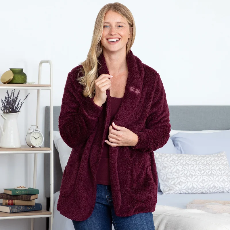 Paw Print Plush Sherpa Fleece Open Jacket with Pockets Elasticated Jacket Padded Jacket Insulated Jacket