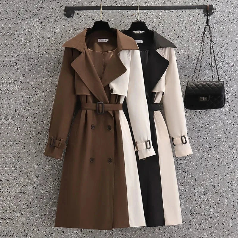 2024 Autumn Korean Mid-length Trench Coat Women Fashion Contrast Color Patchwork Spring Windbreaker Coat Female Windproof Jacket Corduroy Jacket Velvet Jacket Brocade Jacket