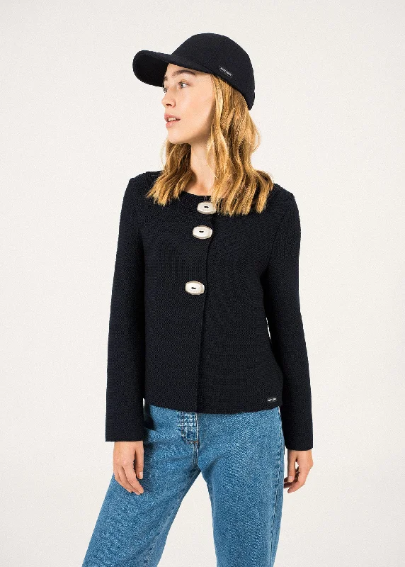 Adrets Réédit wool jacket - in garter stitch, with large buttons (NAVY) A-Line Jacket Boat Neck Shawl Collar