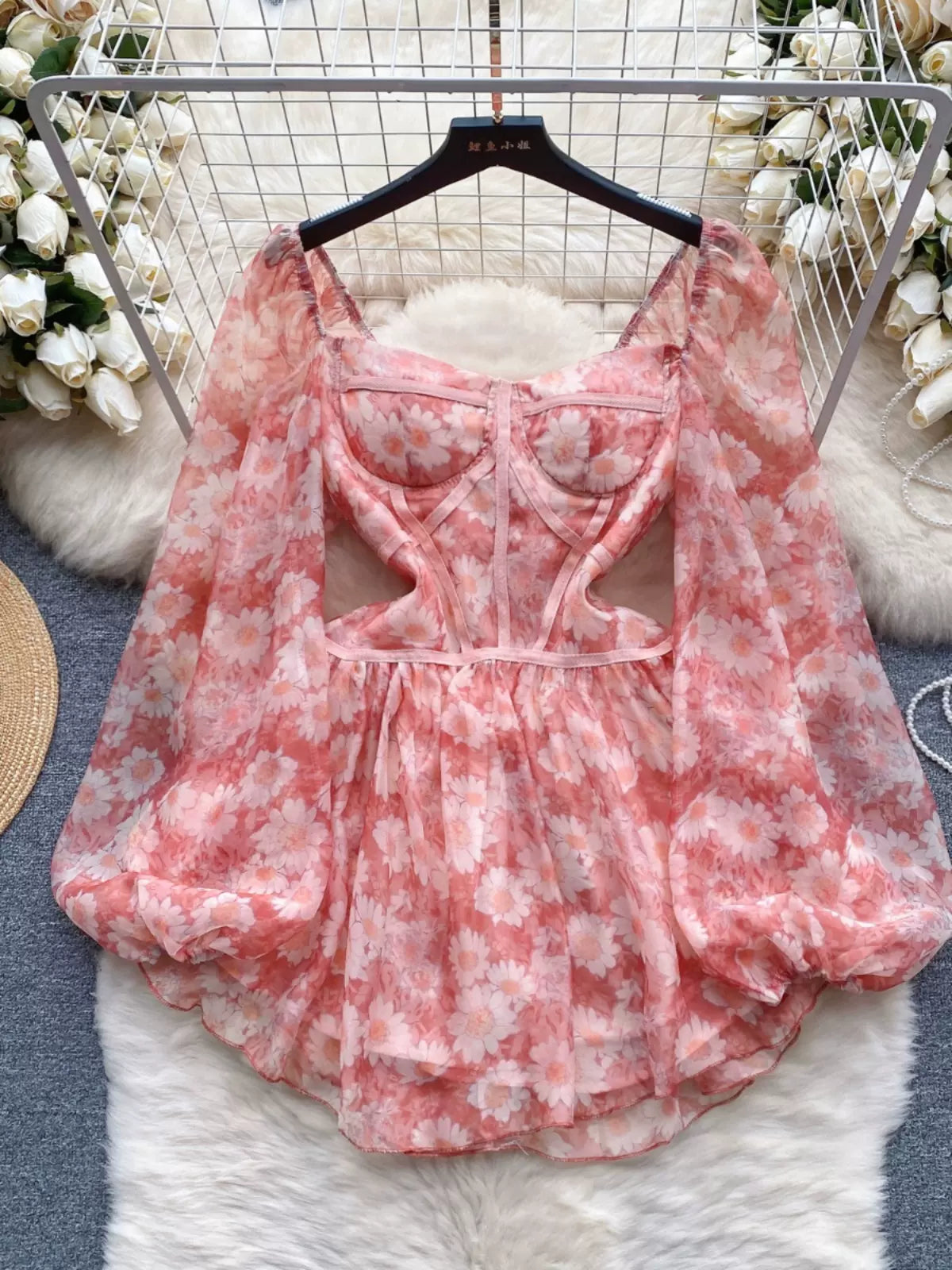 Airy Floral Puff-Sleeve Mini Dress Cozy Wraparound Mini Dress