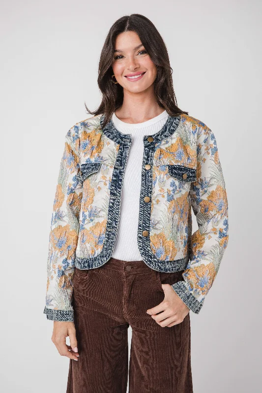 AnnieWear Floral Jacquard Denim Contrast Jacket One-Shoulder Jacket Off-the-Shoulder Jacket Asymmetrical Jacket