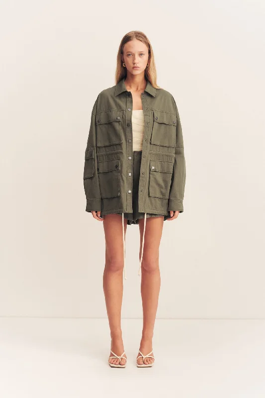 ARIANA ANORAK PATCH POCKET JACKET - KHAKI A-Line Jacket Boat Neck Shawl Collar