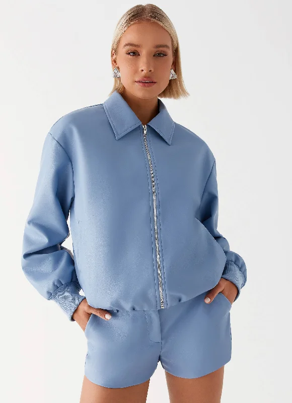 Aspen Oversized Bomber Jacket - Blue Snapped Jacket Toggled Jacket Drawstring Jacket